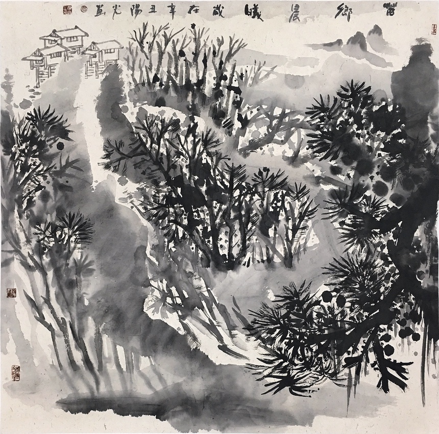 中国の水墨画、盧景春 肉筆漓江煙雨 掛け軸 大幅 名品绘画 。